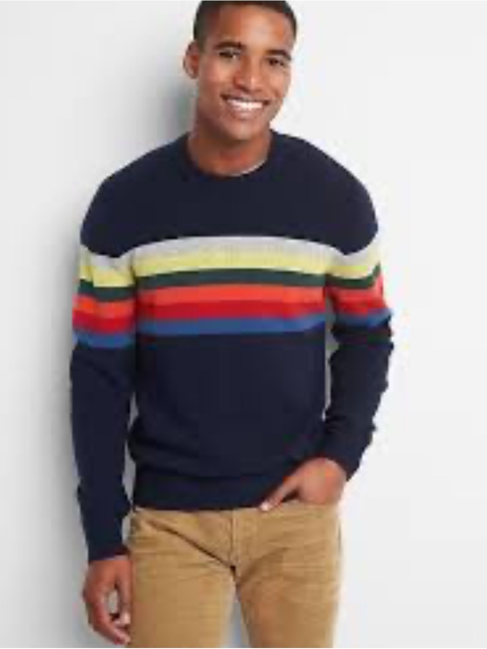 Men's Navy Crewneck Wool BlendSweater with Multicolor Stripe M
